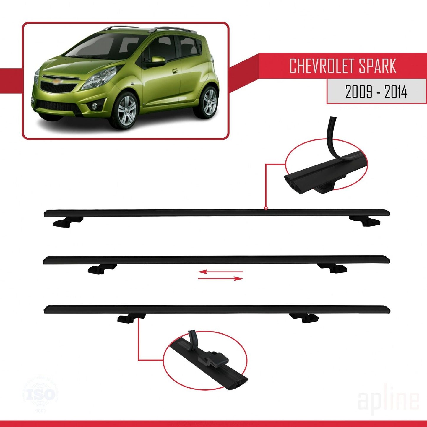 Compatible avec Chevrolet Spark (M300) 2009-2014 BASIC Model Barres de Toit Railing Porte-Bagages de Voiture Noir Aluminium 3 Barres