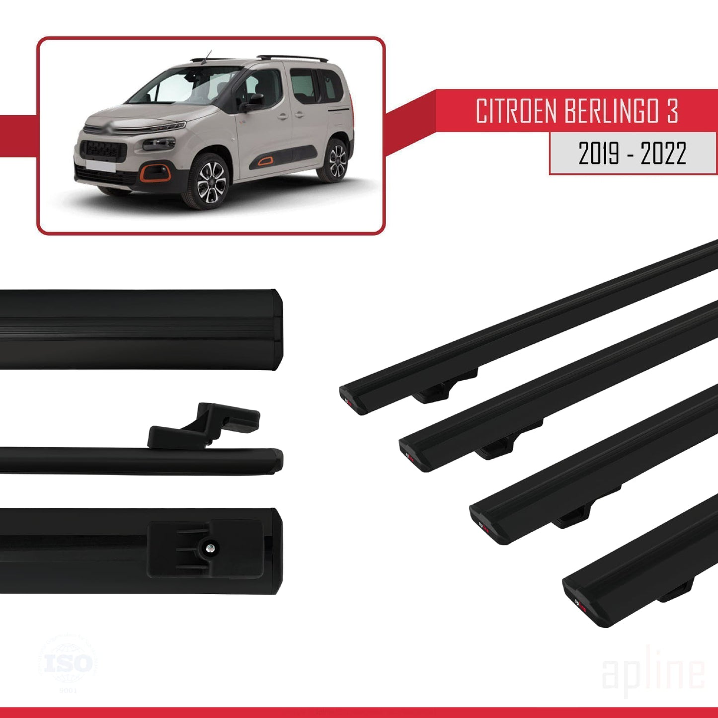Compatible avec Citroen Berlingo 3 (K9) 2019-2022 BASIC Model Barres de Toit Railing Porte-Bagages de Voiture Noir Aluminium 4 Barres