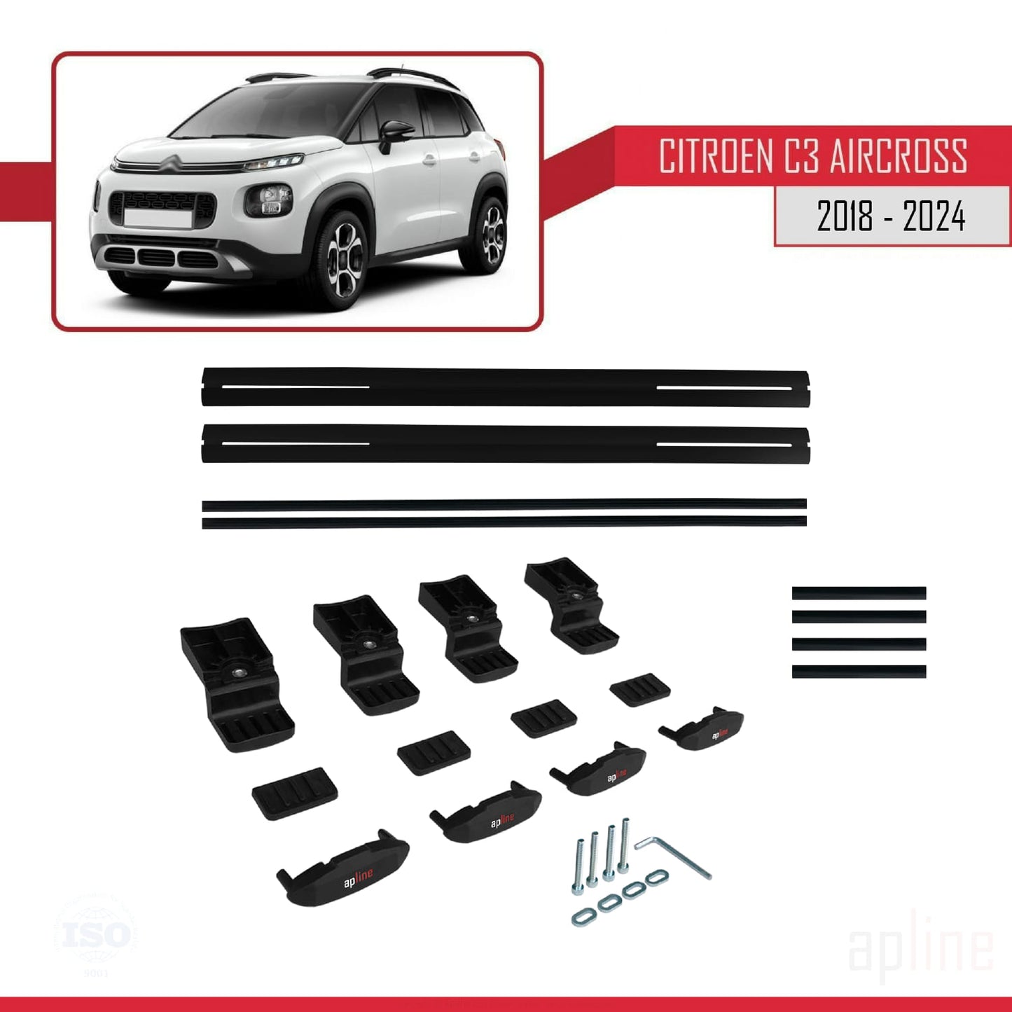 Compatible avec Citroen C3 Aircross (A88) 2018-2024 BASIC Model Barres de Toit Railing Porte-Bagages de Voiture Noir Aluminium 2 Barres