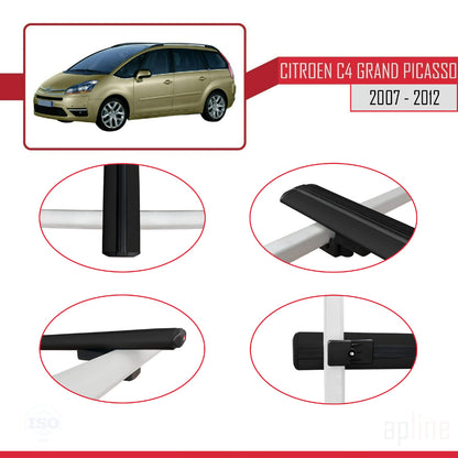 Compatible avec Citroen Grand C4 Picasso 2007-2012 BASIC Model Barres de Toit Railing Porte-Bagages de Voiture Noir Aluminium 2 Barres