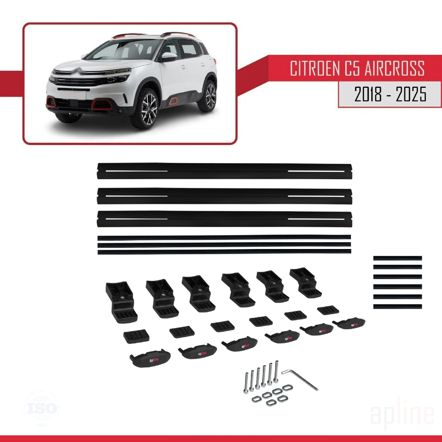 Compatible avec Citroen C5 Aircross 2018-2025 BASIC Model Barres de Toit Railing Porte-Bagages de Voiture Noir Aluminium 3 Barres