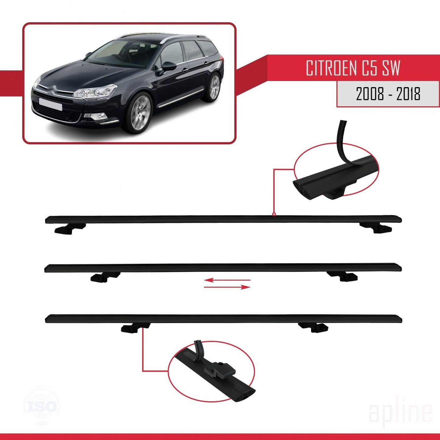 Compatible avec Citroen C5 II Tourer 2008-2018 BASIC Model Barres de Toit Railing Porte-Bagages de Voiture Noir Aluminium 2 Barres