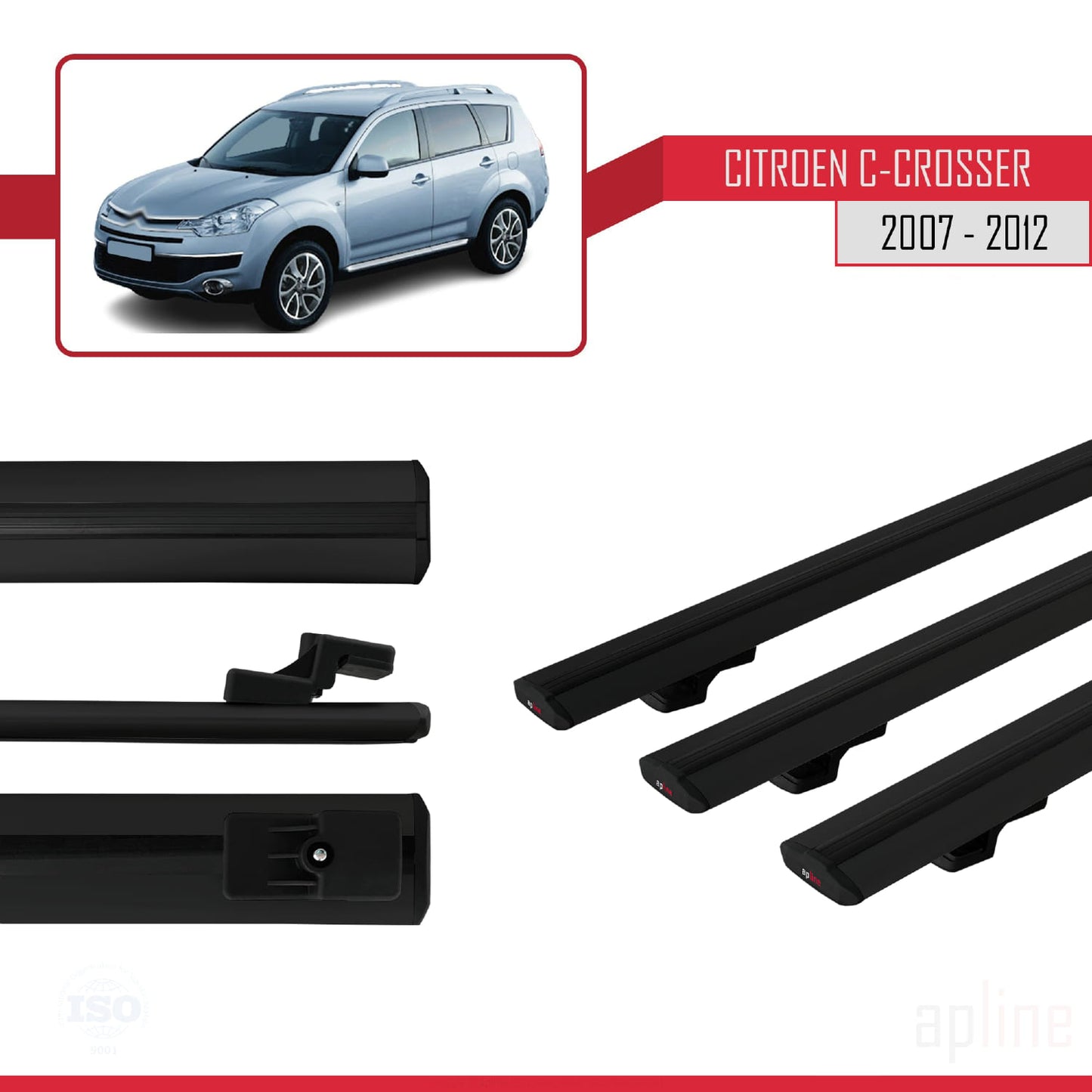 Compatible avec Citroen C-Crosser 2007-2012 BASIC Model Barres de Toit Railing Porte-Bagages de Voiture Noir Aluminium 3 Barres