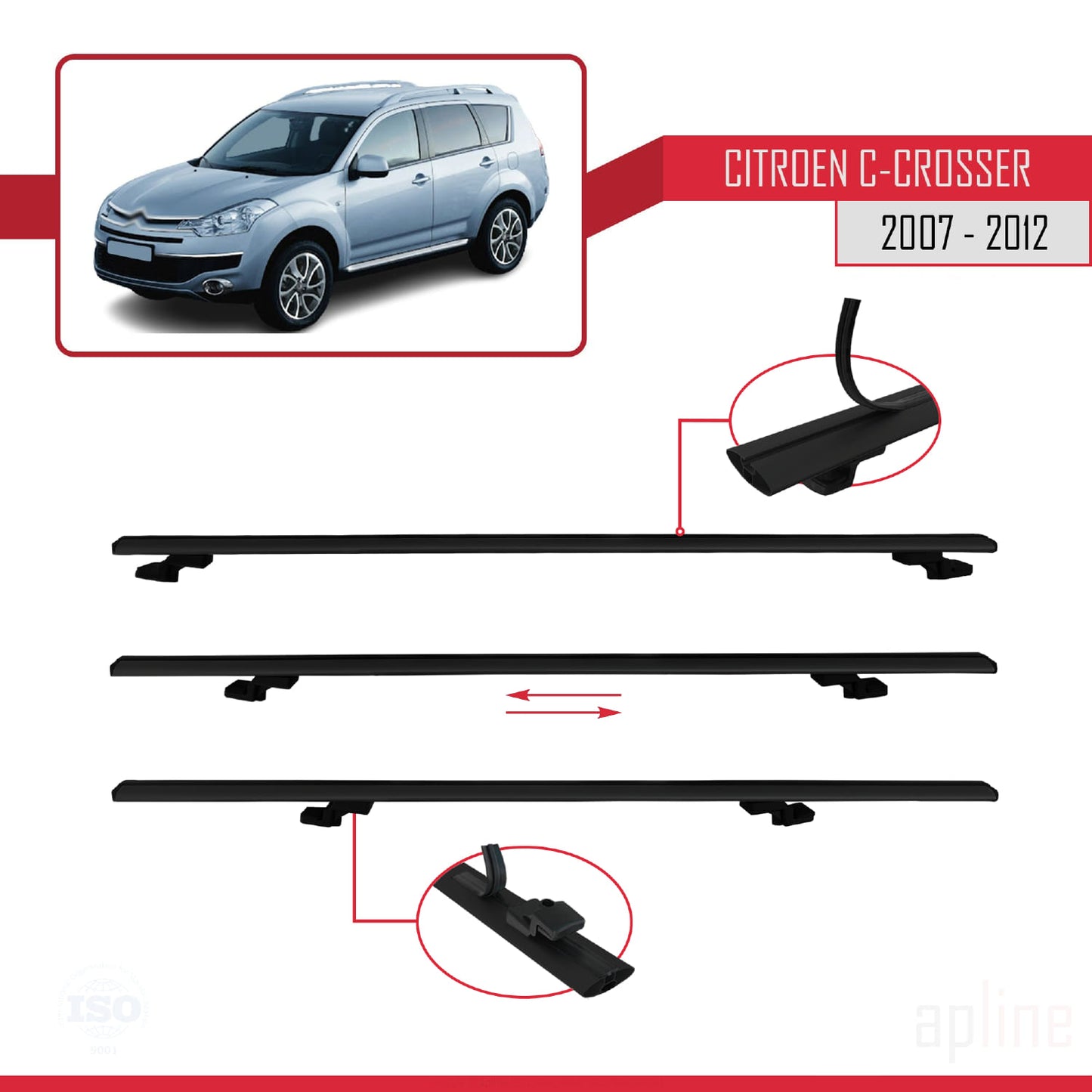 Compatible avec Citroen C-Crosser 2007-2012 BASIC Model Barres de Toit Railing Porte-Bagages de Voiture Noir Aluminium 3 Barres
