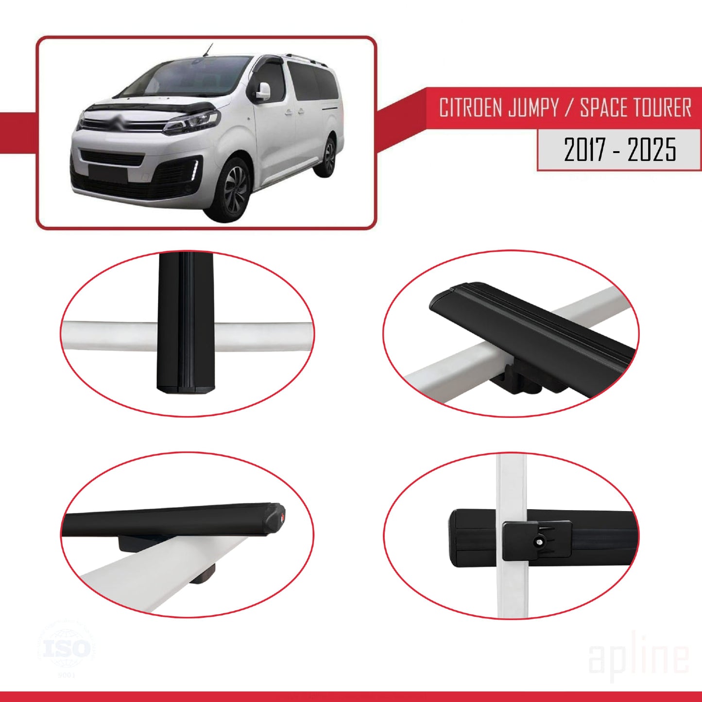 Compatible avec Citroen Jumpy 3 (K0) Space Tourer 2017-2025 BASIC Model Barres de Toit Railing Porte-Bagages de Voiture Noir Aluminium 3 Barres