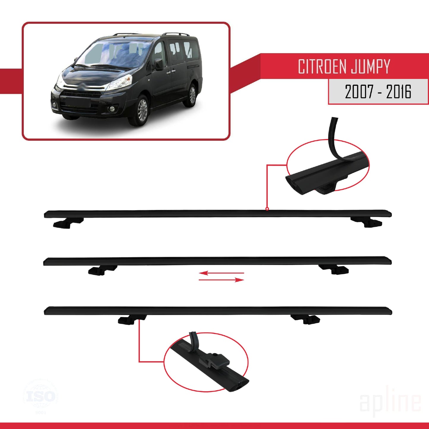 Compatible avec Citroen Jumpy 2 (G9) 2007-2016 BASIC Model Barres de Toit Railing Porte-Bagages de Voiture Noir Aluminium 4 Barres