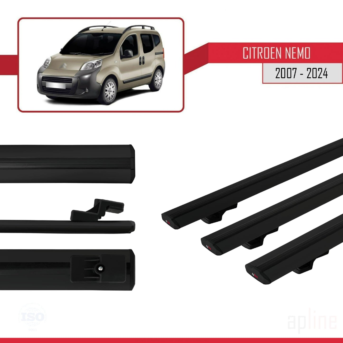 Compatible avec Citroen Nemo 3 (225) 2007-2024 BASIC Model Barres de Toit Railing Porte-Bagages de Voiture Noir Aluminium 3 Barres