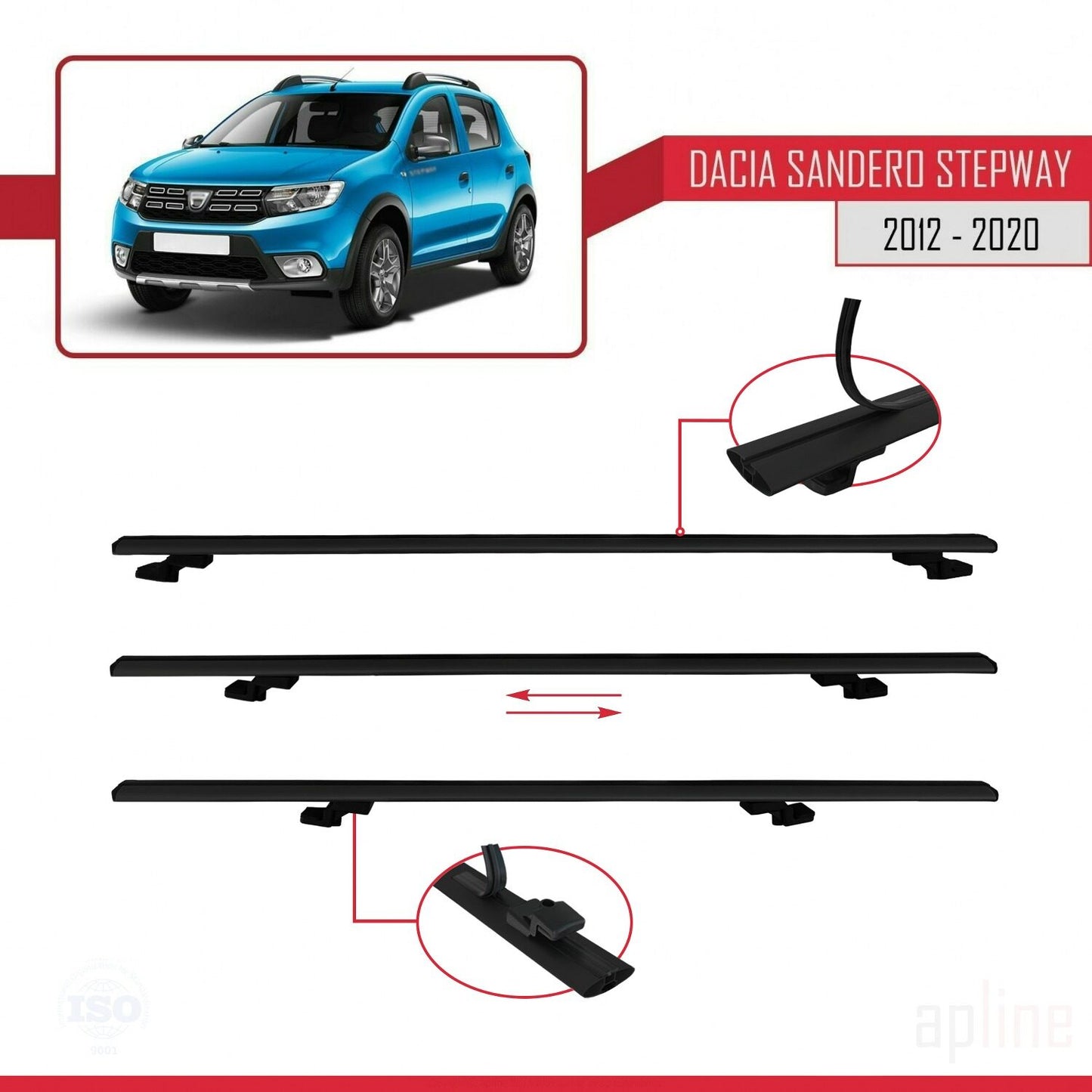 Compatible avec Dacia Sandero Stepway 2 2012-2020 BASIC Model Barres de Toit Railing Porte-Bagages de Voiture Noir Aluminium 2 Barres