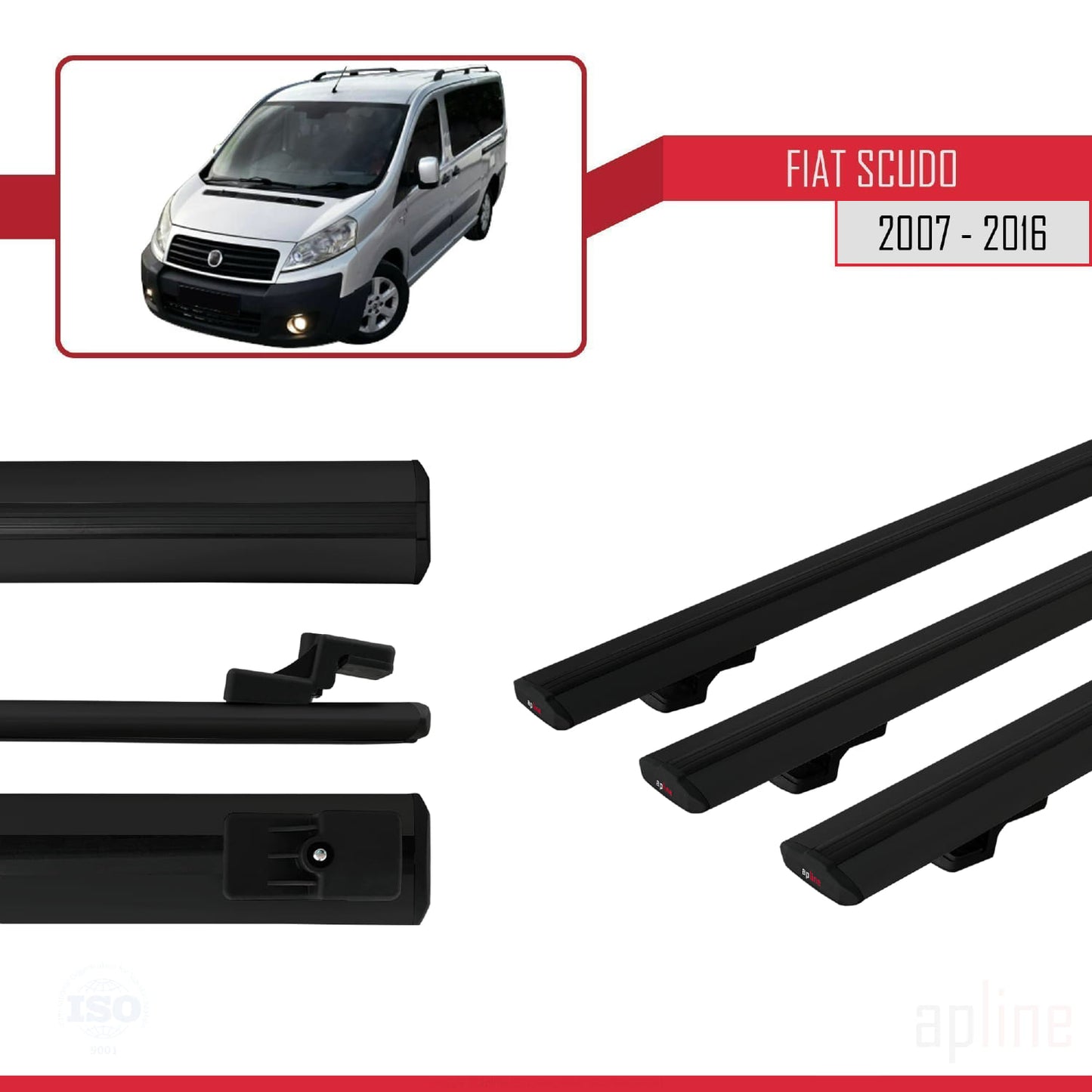 Compatible avec Fiat Scudo 2 2007-2016 BASIC Model Barres de Toit Railing Porte-Bagages de Voiture Noir Aluminium 3 Barres