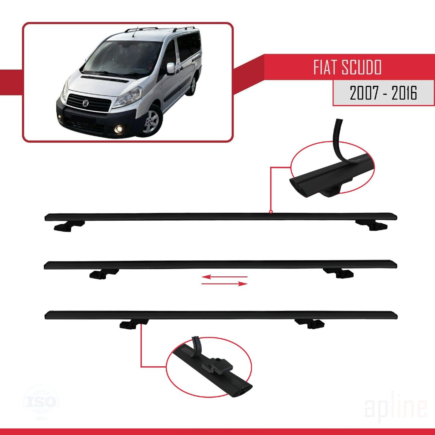 Compatible avec Fiat Scudo 2 2007-2016 BASIC Model Barres de Toit Railing Porte-Bagages de Voiture Noir Aluminium 4 Barres