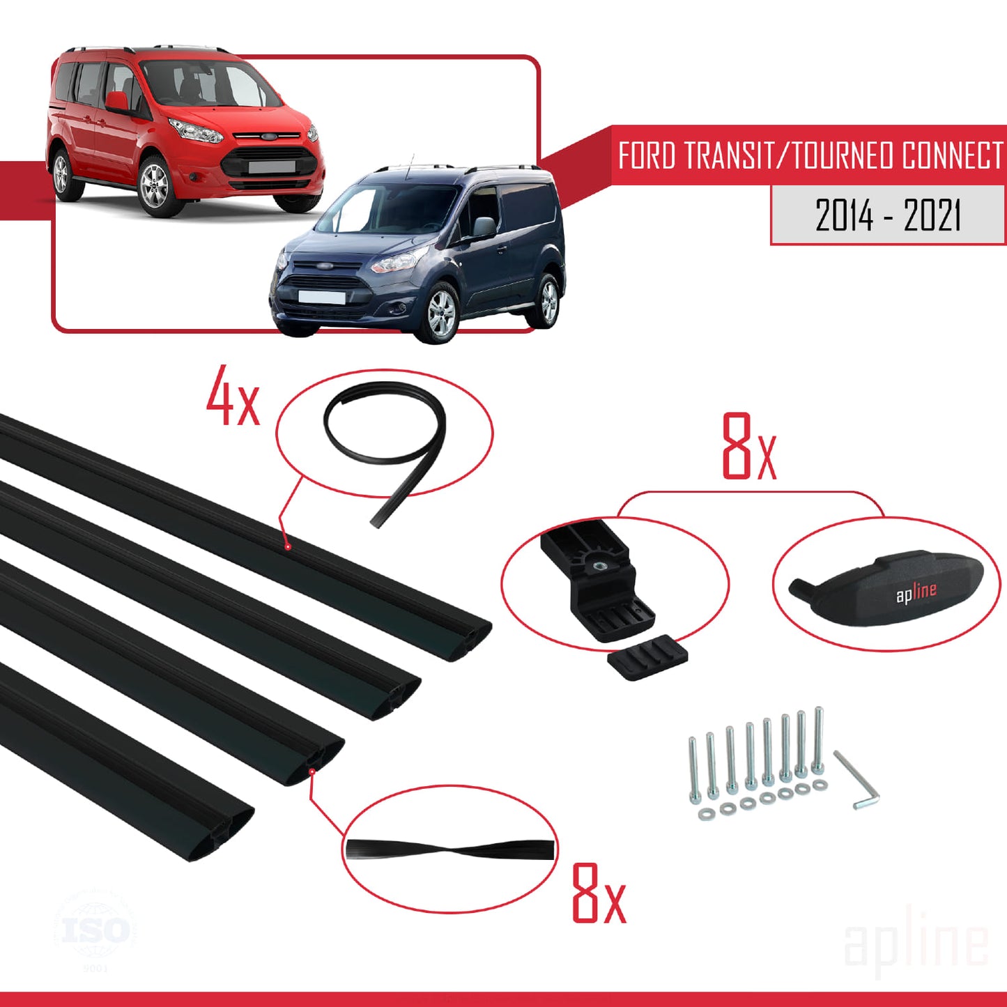 Compatible avec Ford Transit/Tourneo Connect 2 2014-2021 BASIC Model Barres de Toit Railing Porte-Bagages de Voiture Noir Aluminium 4 Barres