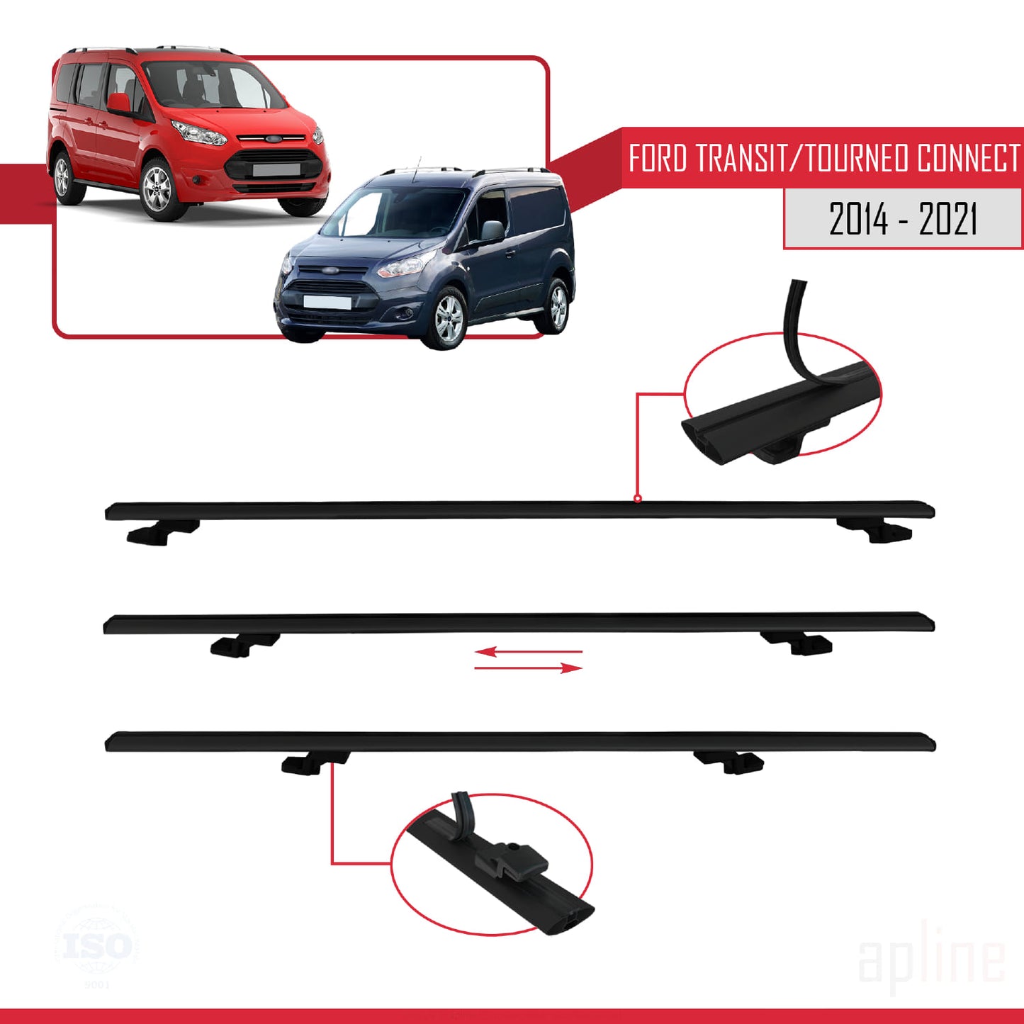 Compatible avec Ford Transit/Tourneo Connect 2 2014-2021 BASIC Model Barres de Toit Railing Porte-Bagages de Voiture Noir Aluminium 2 Barres