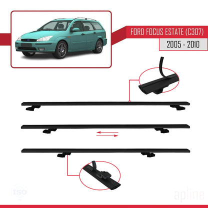 Compatible avec Ford Focus 2 (C307) Break 2005-2010 BASIC Model Barres de Toit Railing Porte-Bagages de Voiture Noir Aluminium 2 Barres