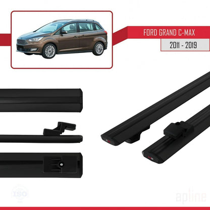 Compatible avec Ford Grand C-Max (C344) 2011-2019 BASIC Model Barres de Toit Railing Porte-Bagages de Voiture Noir Aluminium 2 Barres