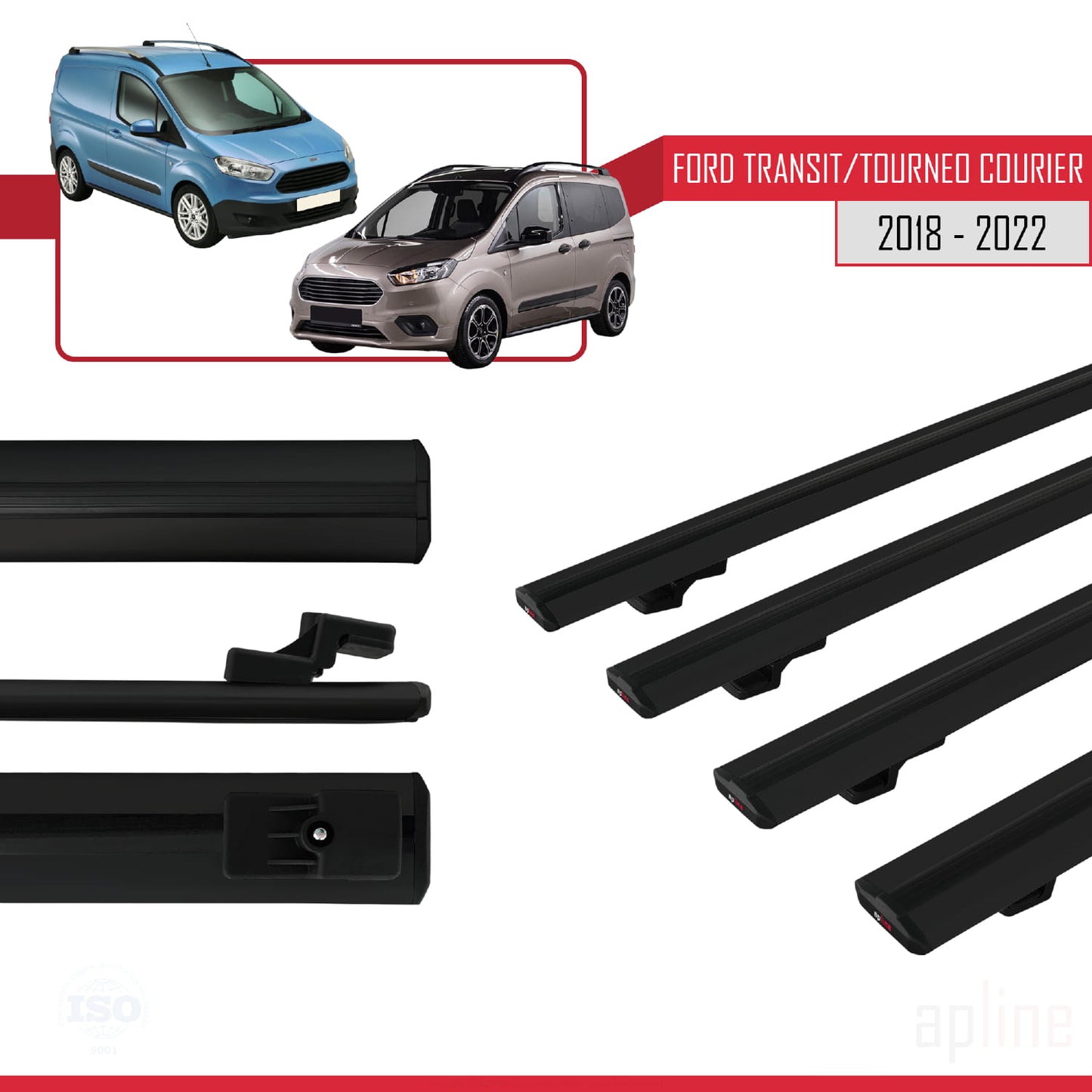 Compatible avec Ford Transit/Tourneo Courier Post-Facelift 2018-2022 BASIC Model Barres de Toit Railing Porte-Bagages de Voiture Noir Aluminium 4 Barres