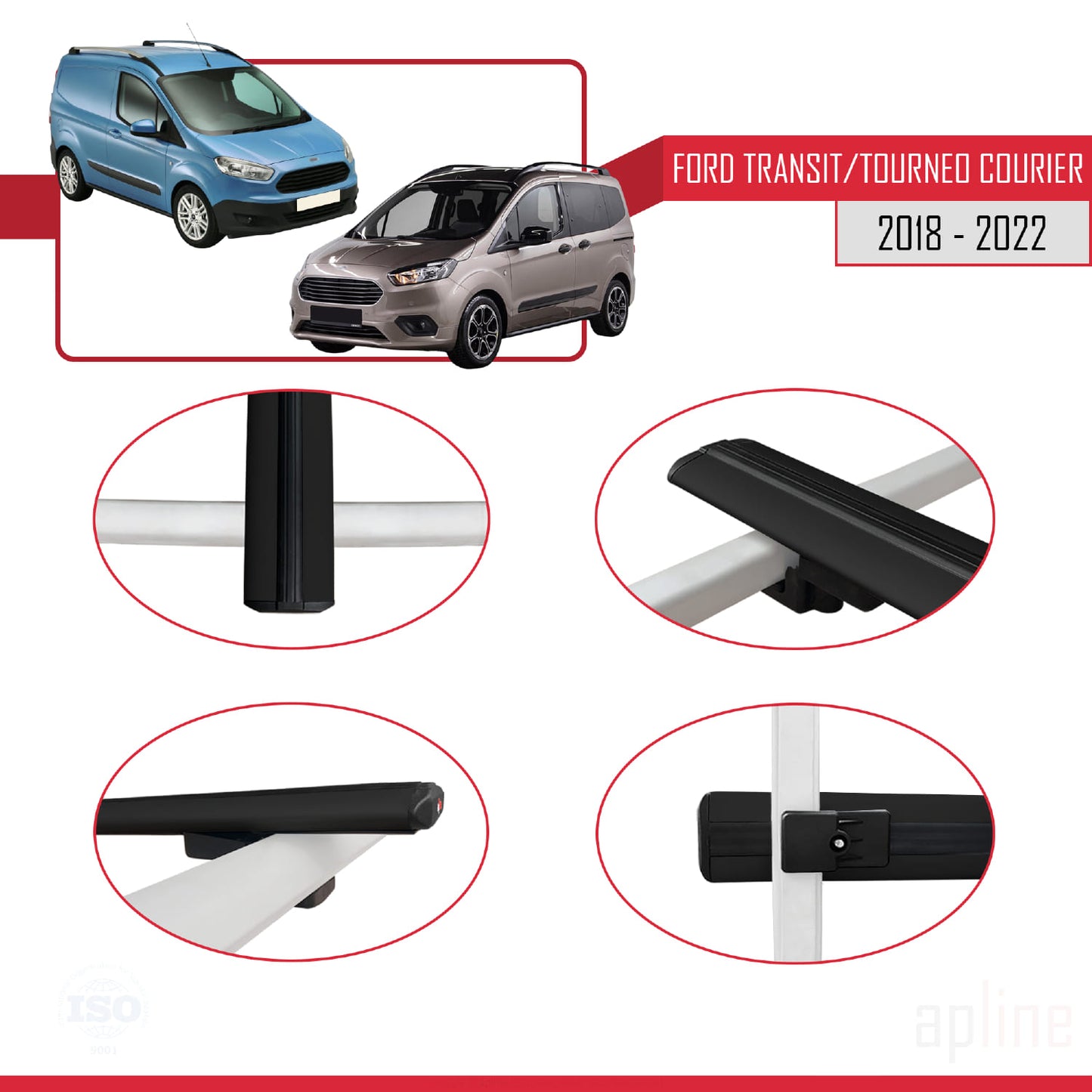 Compatible avec Ford Transit/Tourneo Courier Post-Facelift 2018-2022 BASIC Model Barres de Toit Railing Porte-Bagages de Voiture Noir Aluminium 2 Barres