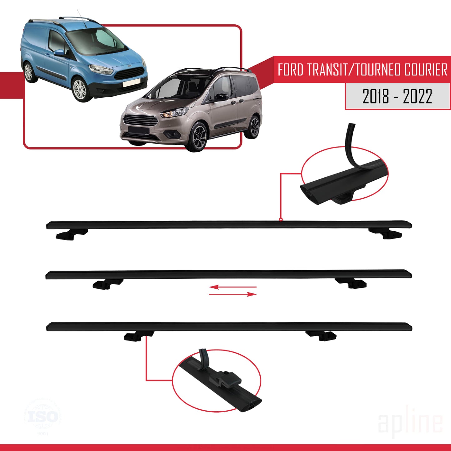 Compatible avec Ford Transit/Tourneo Courier Post-Facelift 2018-2022 BASIC Model Barres de Toit Railing Porte-Bagages de Voiture Noir Aluminium 2 Barres
