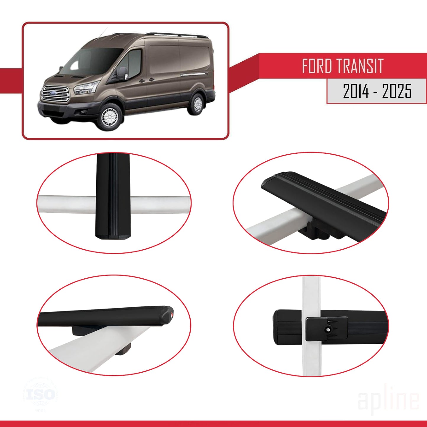 Compatible avec Ford Transit 2014-2025 BASIC Model Barres de Toit Railing Porte-Bagages de Voiture Noir Aluminium 3 Barres