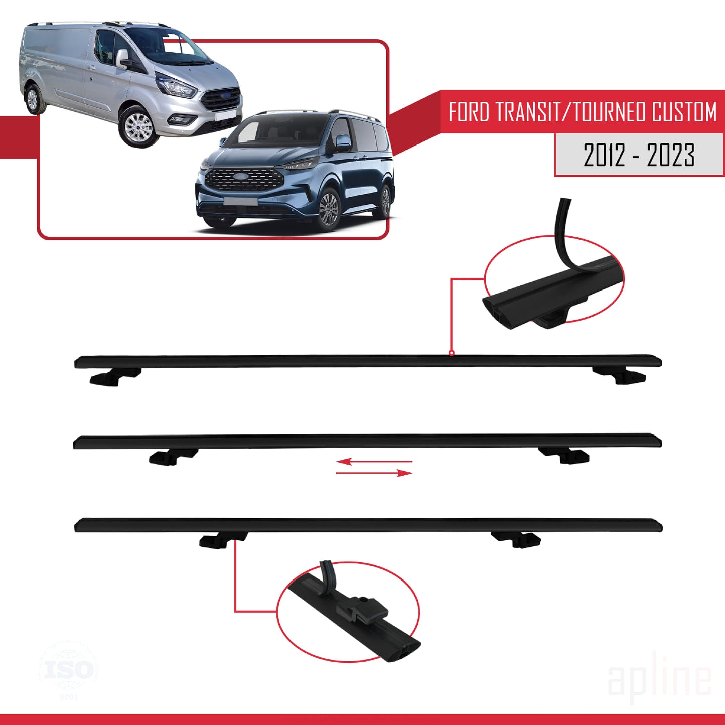 Compatible avec Ford Transit/Tourneo Custom 2012-2023 BASIC Model Barres de Toit Railing Porte-Bagages de Voiture Noir Aluminium 3 Barres