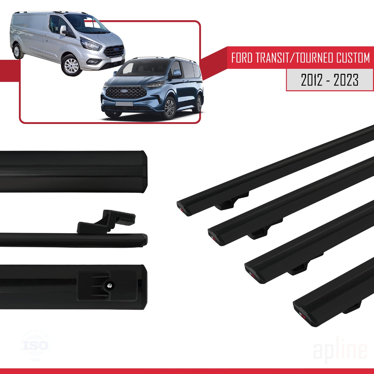 Compatible avec Ford Transit/Tourneo Custom 2012-2023 BASIC Model Barres de Toit Railing Porte-Bagages de Voiture Noir Aluminium 4 Barres