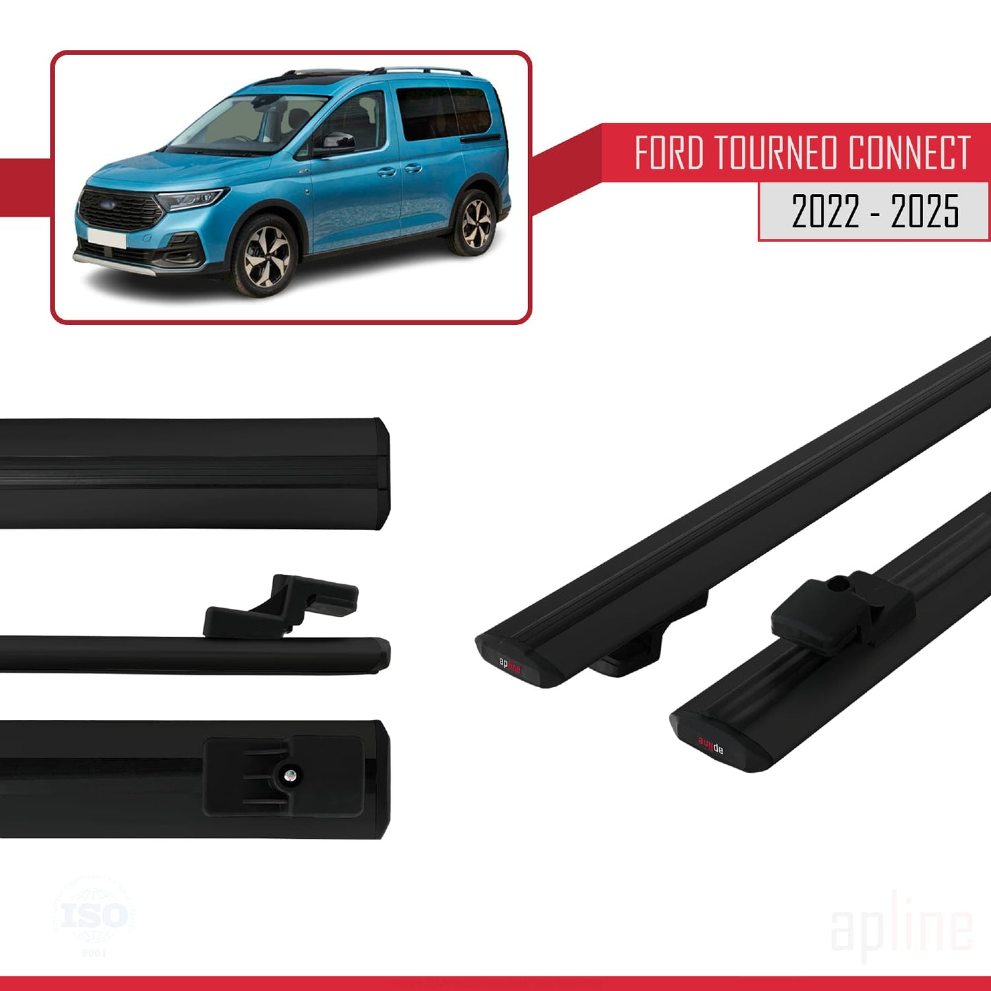 Compatible avec Ford Transit/Tourneo Connect 3 2022-2025 BASIC Model Barres de Toit Railing Porte-Bagages de Voiture Noir Aluminium 2 Barres
