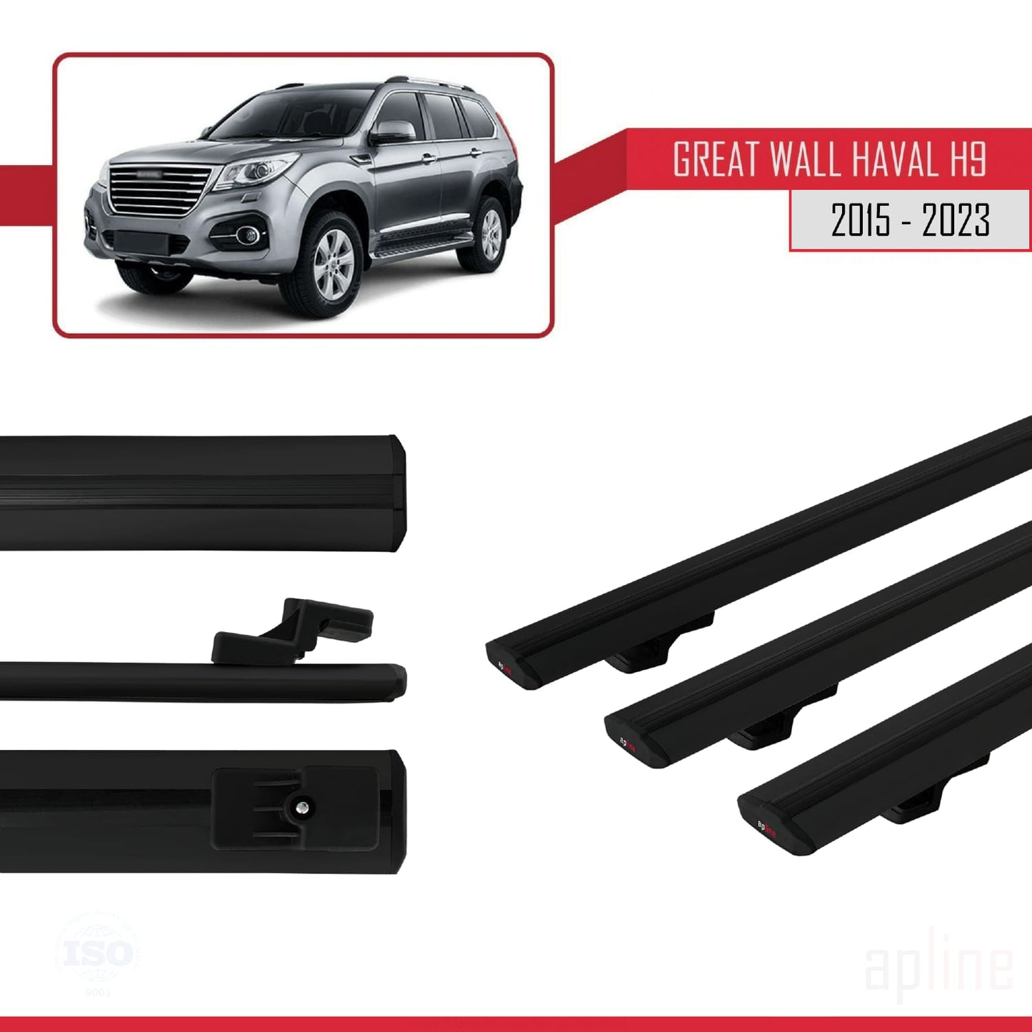 Compatible with Great Wall Haval H9 2015-2023 BASIC Model Car Roof Rack Cross Bar Black Aluminium 3 Bars