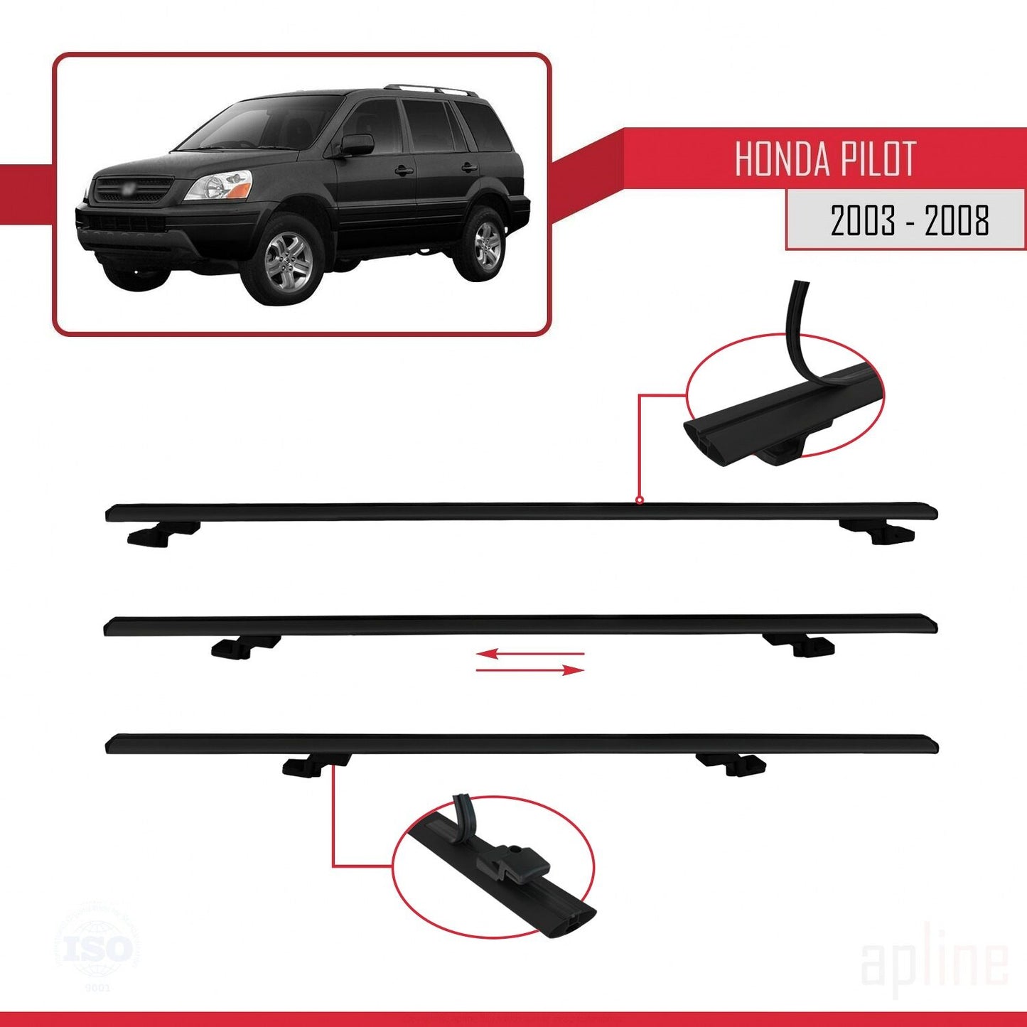 Compatible avec Honda Pilot 2003-2008 BASIC Model Barres de Toit Railing Porte-Bagages de Voiture Noir Aluminium 2 Barres