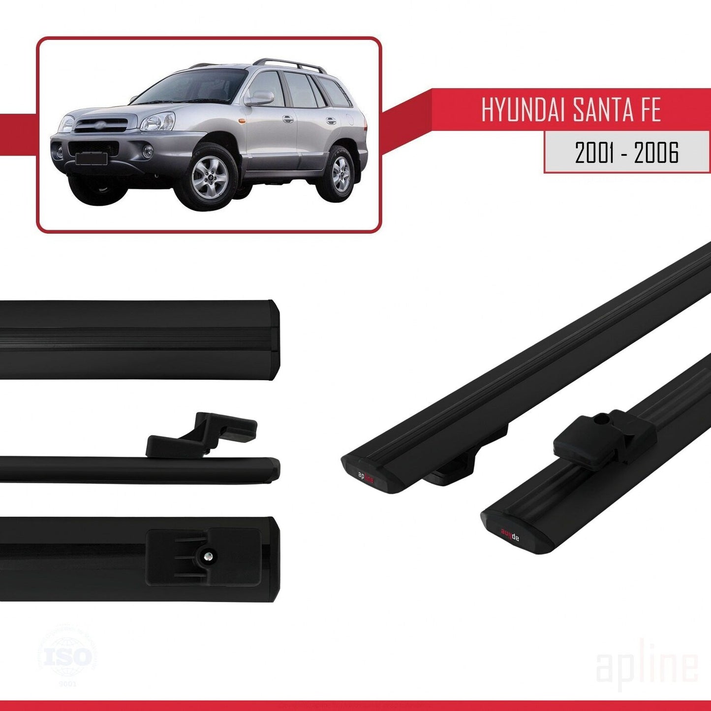 Compatible avec Hyundai Santa Fe (SM) 2001-2006 BASIC Model Barres de Toit Railing Porte-Bagages de Voiture Noir Aluminium 2 Barres