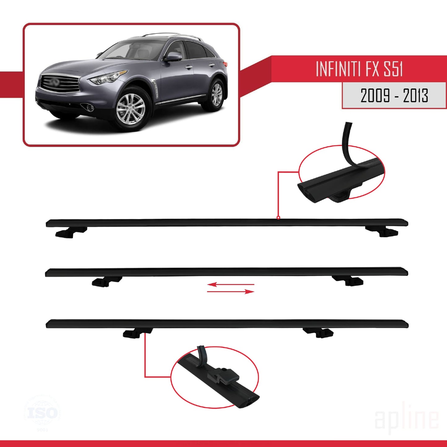 Compatible avec Infiniti FX 2 (S51) 2009-2013 BASIC Model Barres de Toit Railing Porte-Bagages de Voiture Noir Aluminium 2 Barres