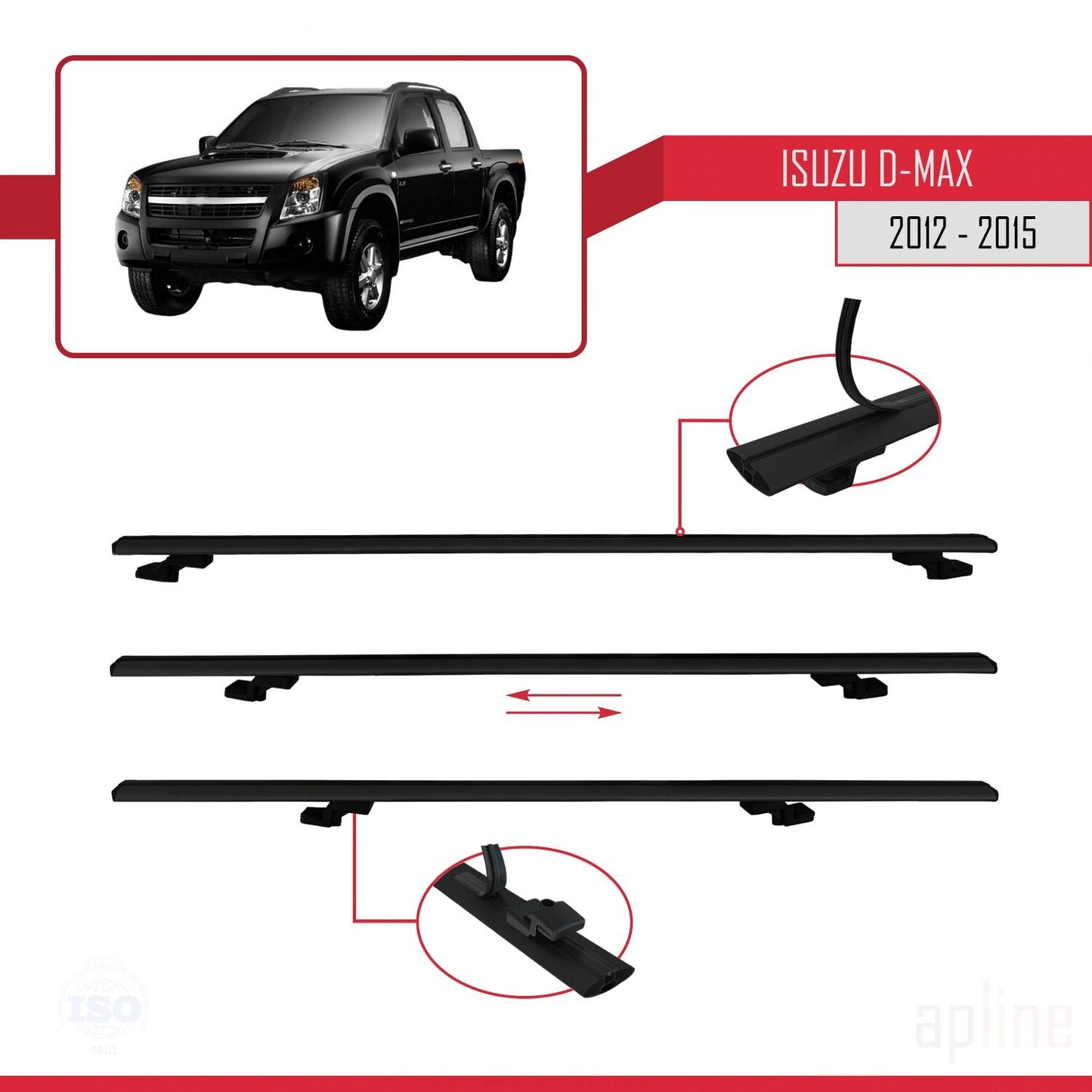 Compatible avec Isuzu D-Max 2 (RT50) Pre-Facelift 2012-2015 BASIC Model Barres de Toit Railing Porte-Bagages de Voiture Noir Aluminium 2 Barres