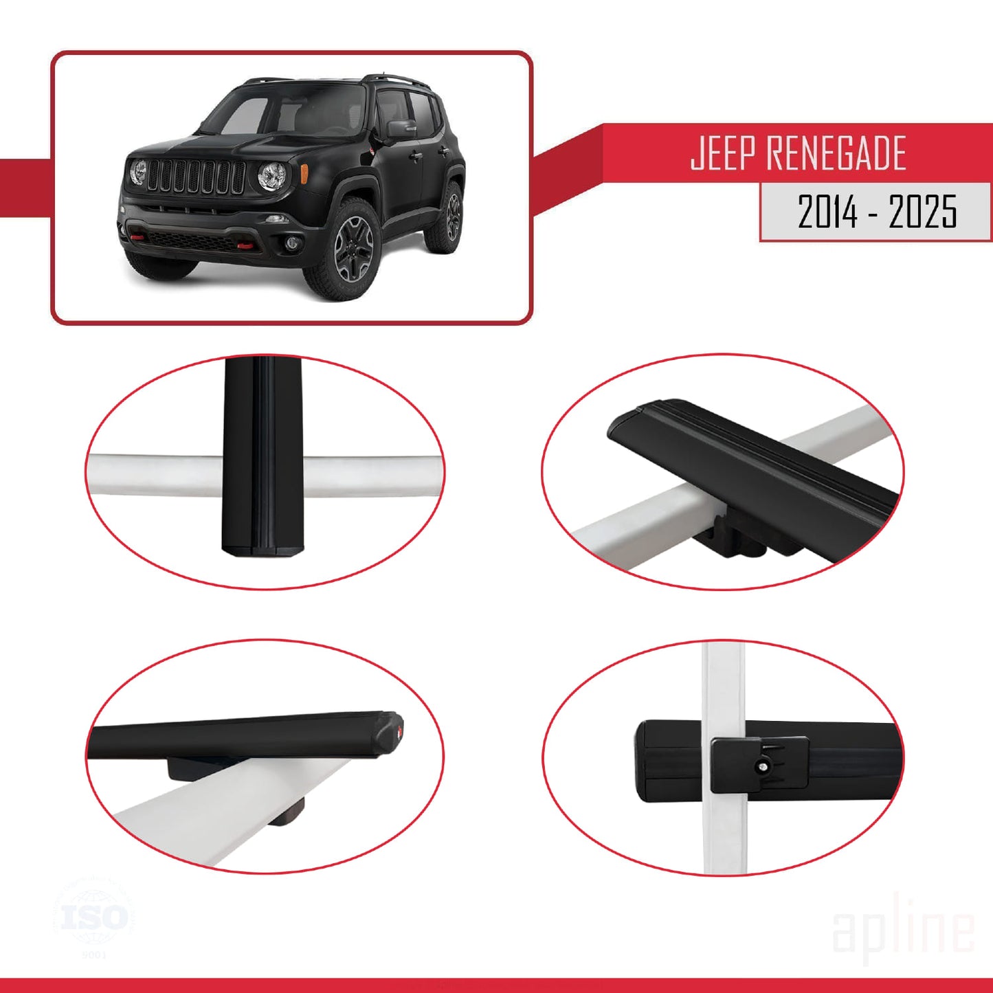 Compatible avec Jeep Renegade (BU) 2014-2025 BASIC Model Barres de Toit Railing Porte-Bagages de Voiture Noir Aluminium 2 Barres
