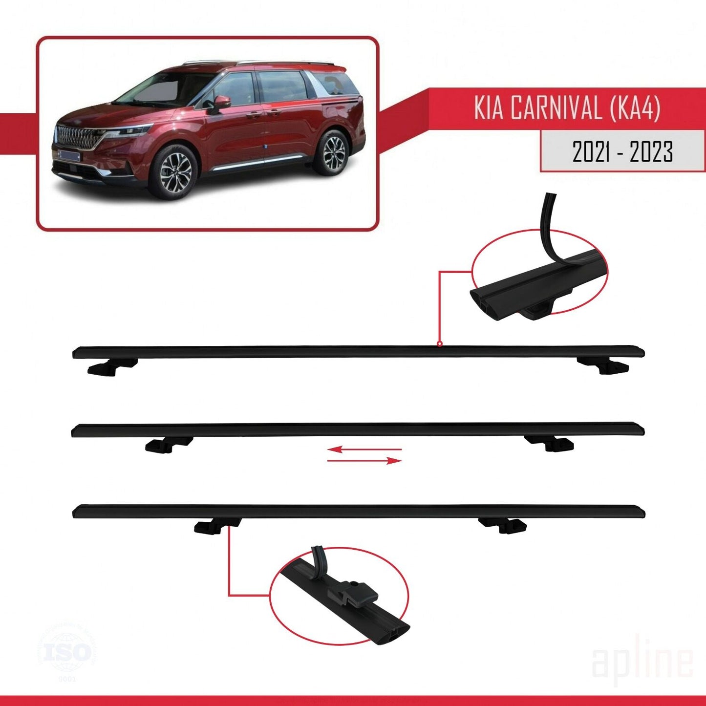 Compatible with Kia Carnival 4 (KA4) 2021-2023 BASIC Model Car Roof Rack Cross Bar Black Aluminium 3 Bars