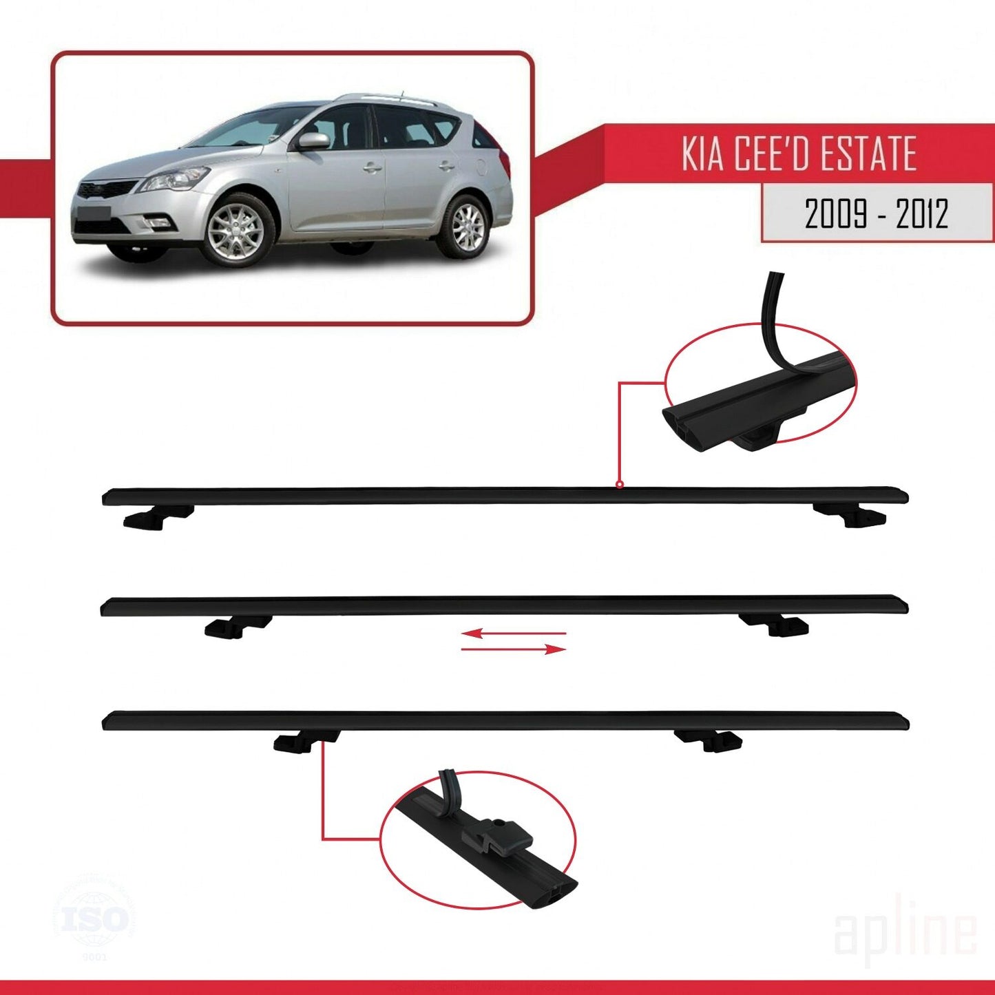 Compatible avec Kia Ceed (ED) Break Post-Facelift 2009-2012 BASIC Model Barres de Toit Railing Porte-Bagages de Voiture Noir Aluminium 2 Barres
