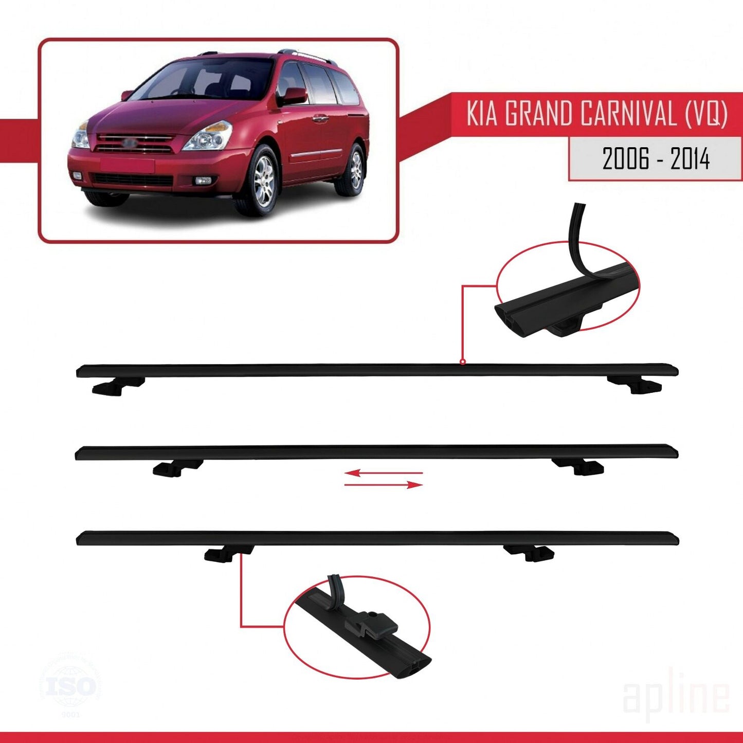 Compatible avec Kia Grand Carnival 2 (VQ) 2006-2014 BASIC Model Barres de Toit Railing Porte-Bagages de Voiture Noir Aluminium 2 Barres