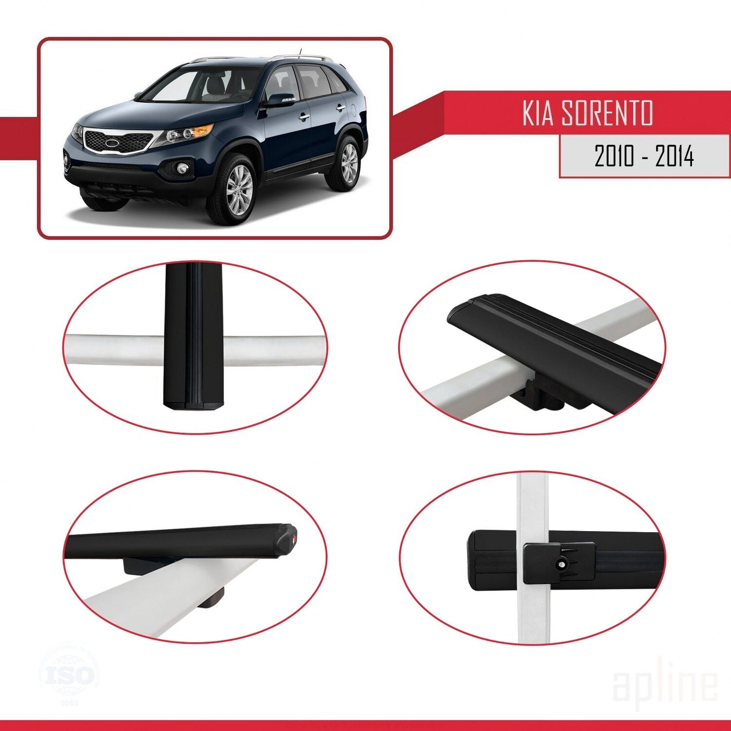 Compatible avec Kia Sorento 2 (XM) 2010-2014 BASIC Model Barres de Toit Railing Porte-Bagages de Voiture Noir Aluminium 2 Barres