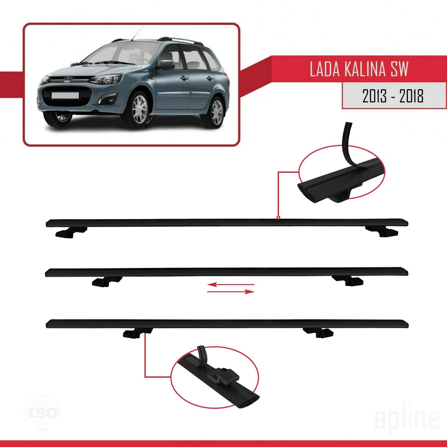 Compatible avec Lada Kalina 2 Break 2013-2018 BASIC Model Barres de Toit Railing Porte-Bagages de Voiture Noir Aluminium 3 Barres