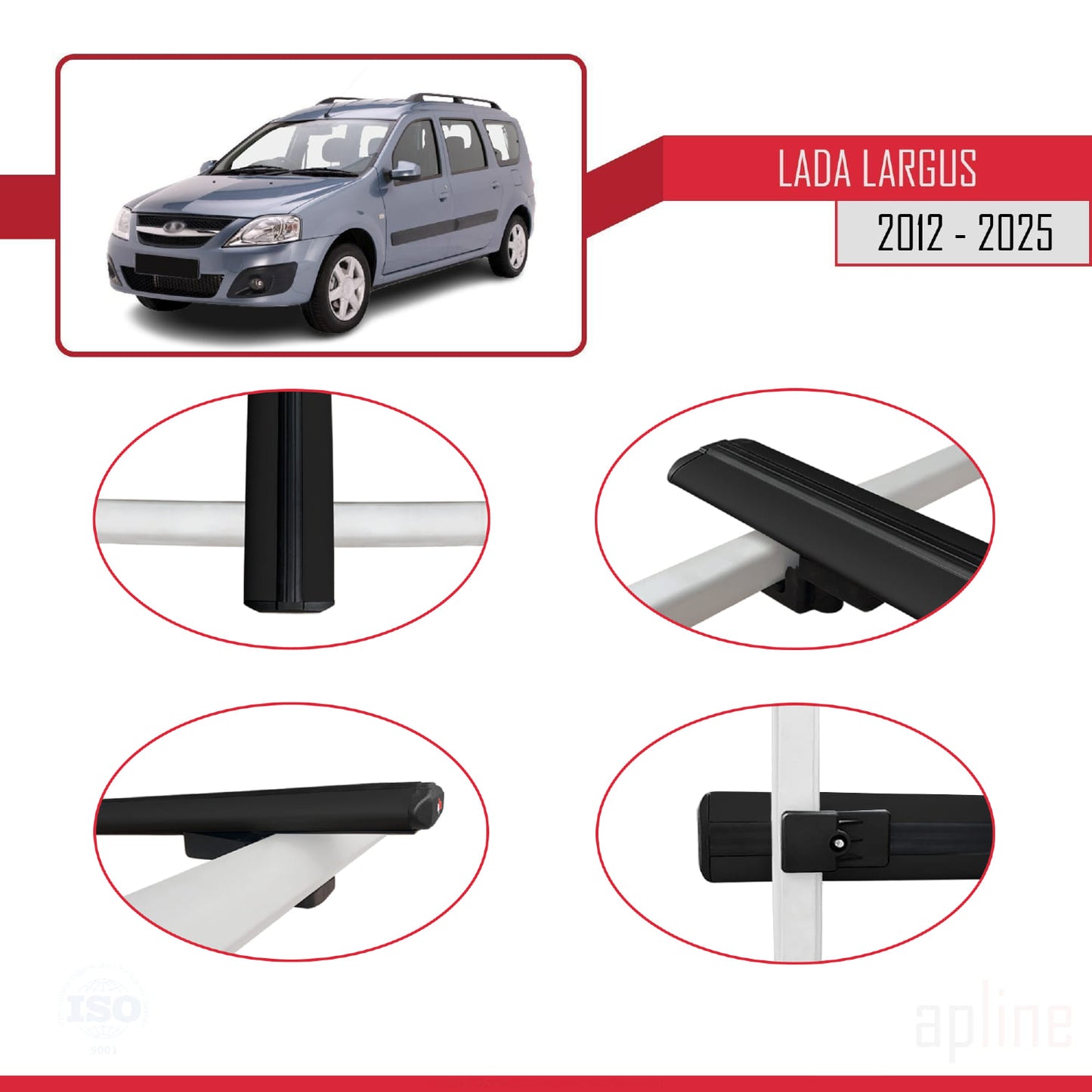 Compatible avec Lada Largus 2012-2025 BASIC Model Barres de Toit Railing Porte-Bagages de Voiture Noir Aluminium 3 Barres