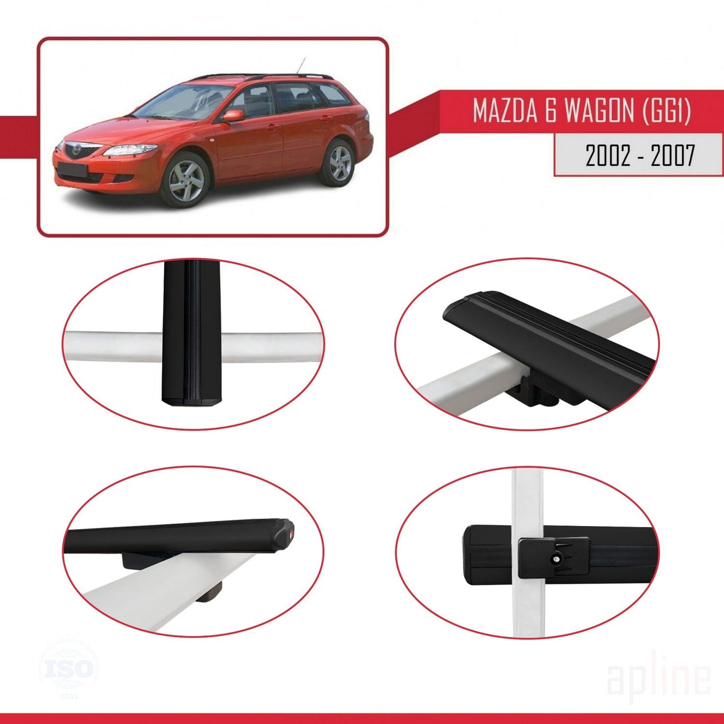 Compatible avec Mazda 6 I (GG1) 2002-2007 BASIC Model Barres de Toit Railing Porte-Bagages de Voiture Noir Aluminium 3 Barres