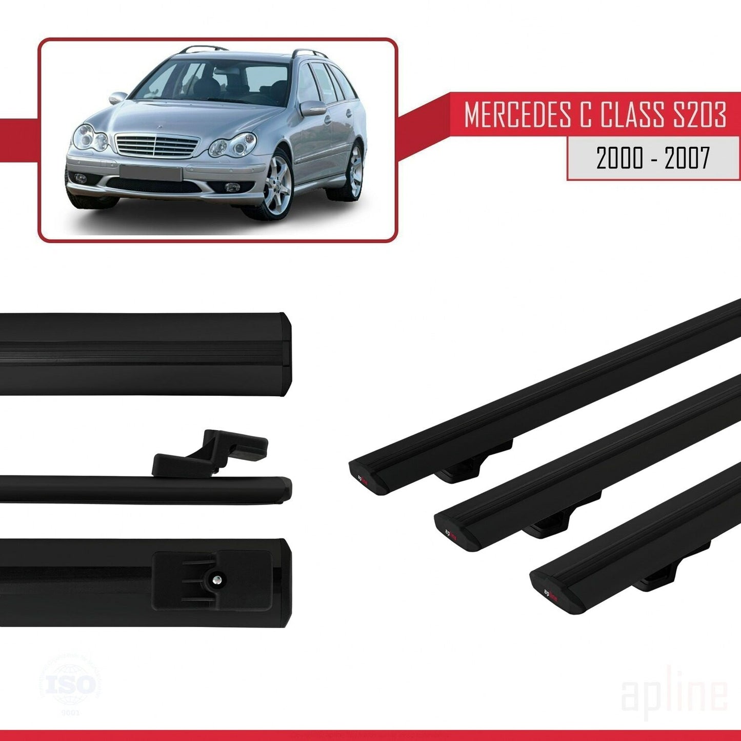 Compatible avec Mercedes Classe C 2 (S203) 2000-2007 BASIC Model Barres de Toit Railing Porte-Bagages de Voiture Noir Aluminium 3 Barres