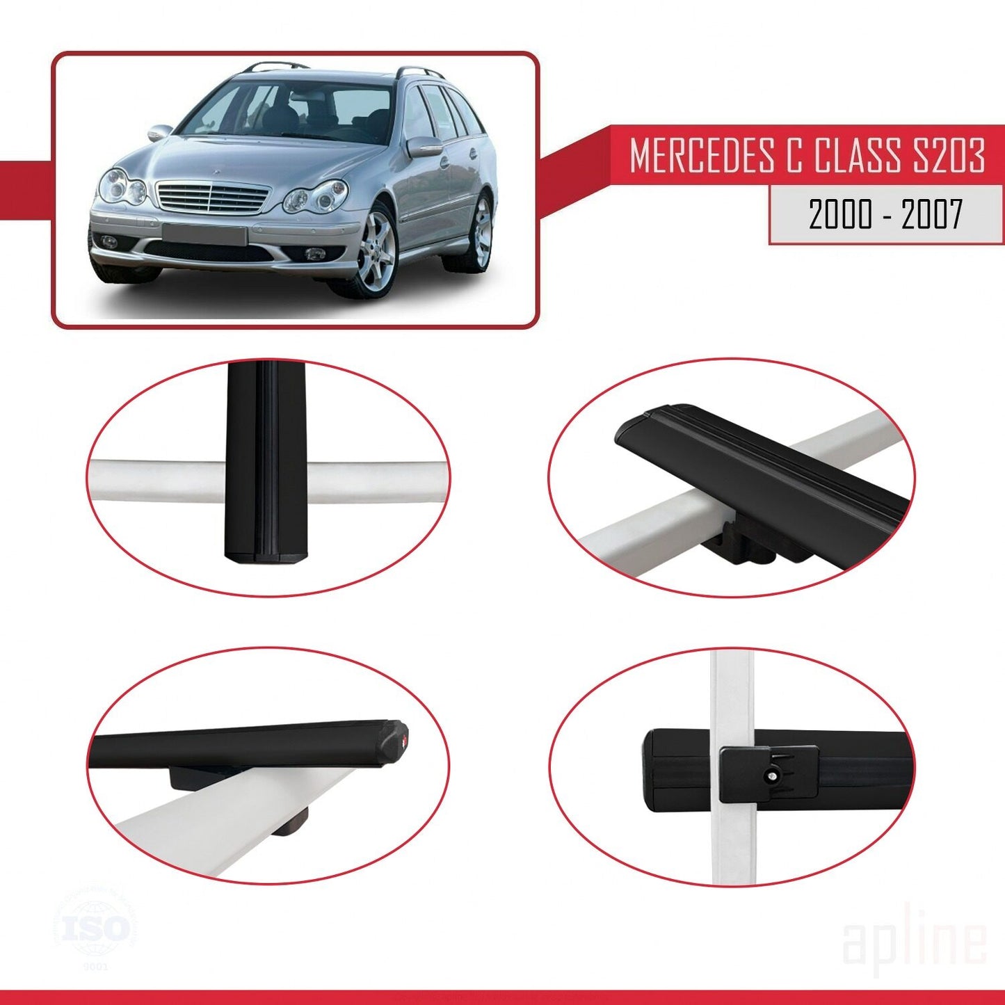 Compatible avec Mercedes Classe C 2 (S203) 2000-2007 BASIC Model Barres de Toit Railing Porte-Bagages de Voiture Noir Aluminium 3 Barres