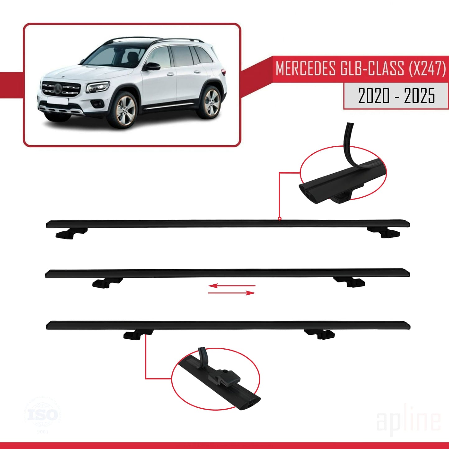 Compatible avec Mercedes Classe GLB (X247) 2020-2025 BASIC Model Barres de Toit Railing Porte-Bagages de Voiture Noir Aluminium 3 Barres