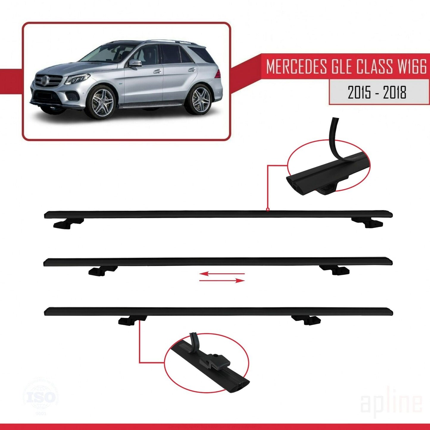Compatible avec Mercedes Classe GLE 3 (W166) 2015-2018 BASIC Model Barres de Toit Railing Porte-Bagages de Voiture Noir Aluminium 2 Barres