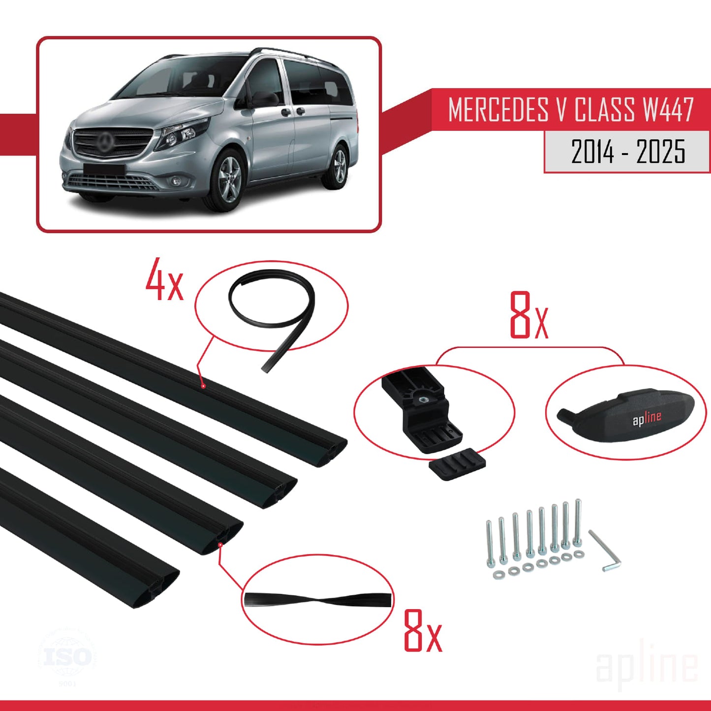 Compatible with Mercedes V Class 3 (W447) 2014-2025 BASIC Model Car Roof Rack Cross Bar Black Aluminium 4 Bars