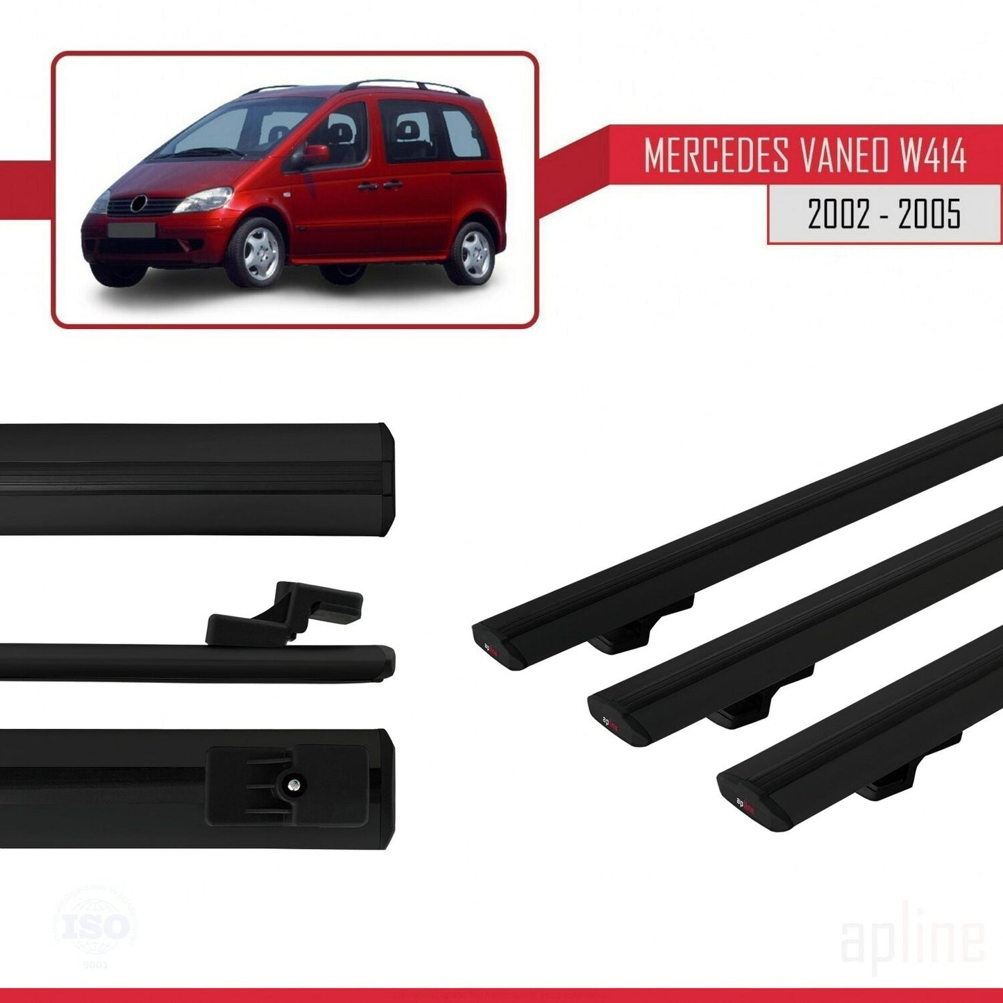 Compatible with Mercedes Vaneo (W414) 2002-2005 BASIC Model Car Roof Rack Cross Bar Black Aluminium 3 Bars