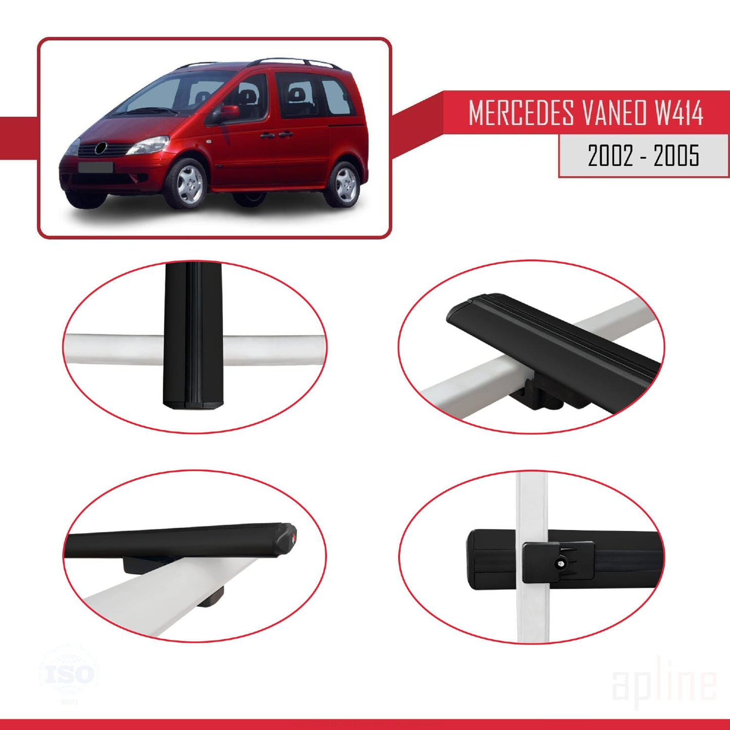 Compatible with Mercedes Vaneo (W414) 2002-2005 BASIC Model Car Roof Rack Cross Bar Black Aluminium 4 Bars