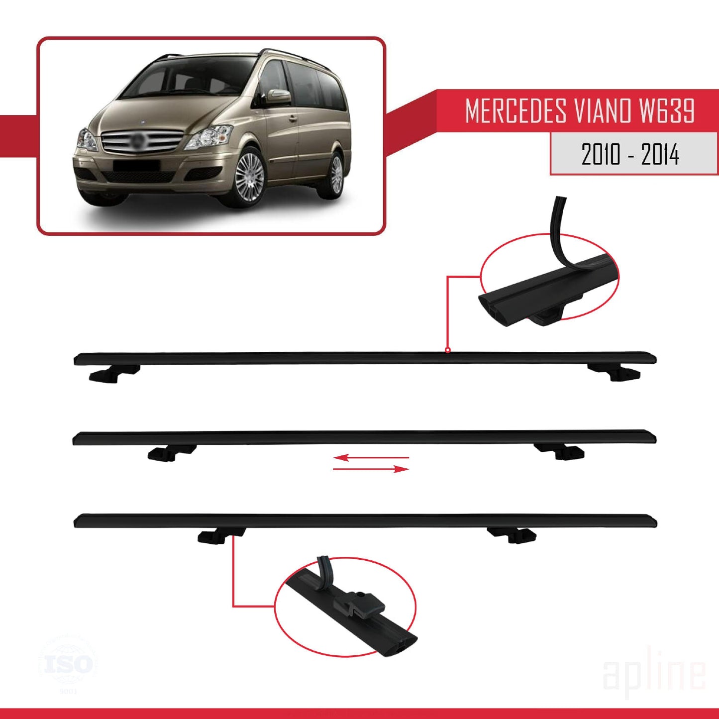 Compatible with Mercedes Viano 2 (W639) Post-Facelift 2010-2014 BASIC Model Car Roof Rack Cross Bar Black Aluminium 4 Bars
