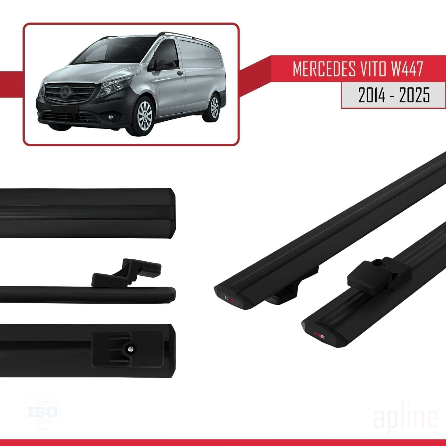Compatible avec Mercedes Vito 3 (W447) 2014-2025 BASIC Model Barres de Toit Railing Porte-Bagages de Voiture Noir Aluminium 2 Barres