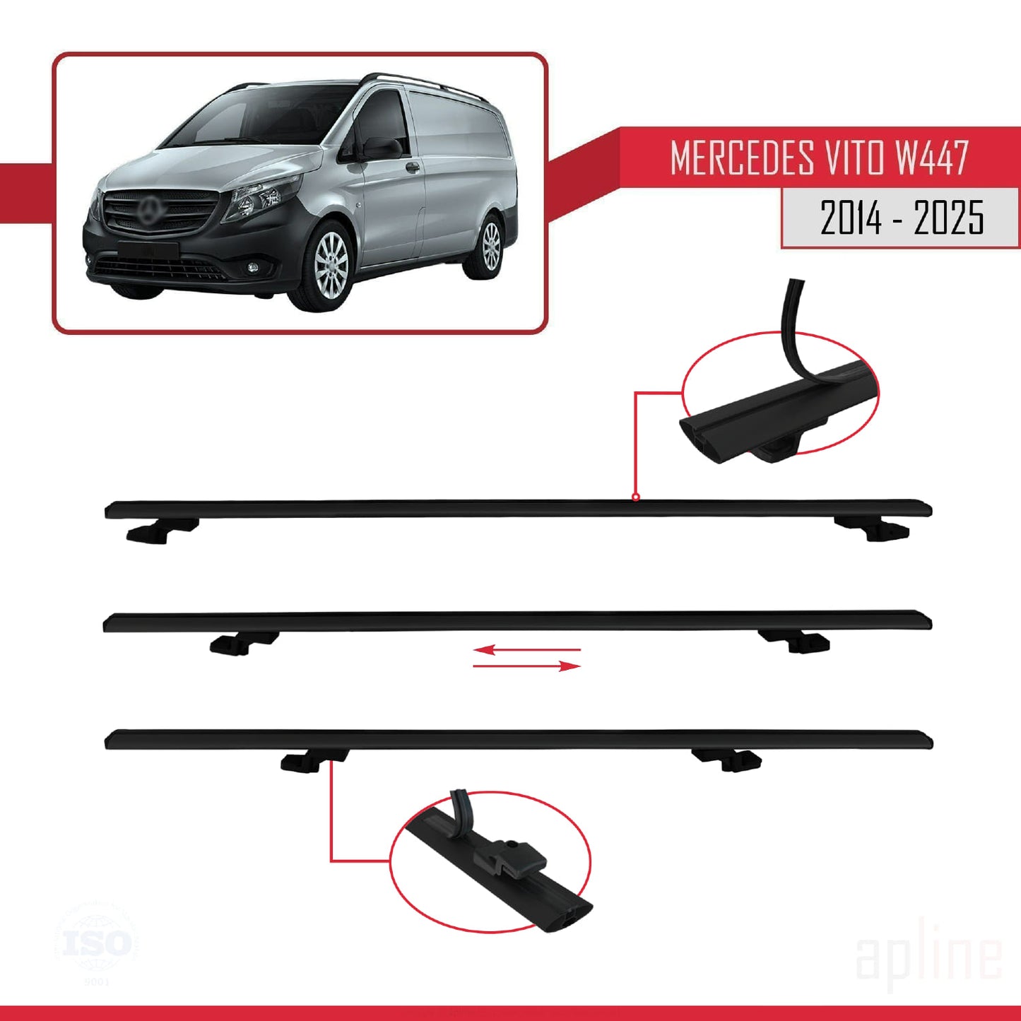 Compatible avec Mercedes Vito 3 (W447) 2014-2025 BASIC Model Barres de Toit Railing Porte-Bagages de Voiture Noir Aluminium 2 Barres