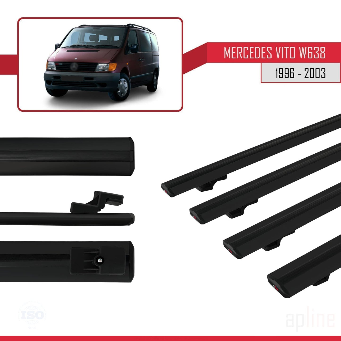 Compatible avec Mercedes Vito (W638) 1996-2003 BASIC Model Barres de Toit Railing Porte-Bagages de Voiture Noir Aluminium 4 Barres