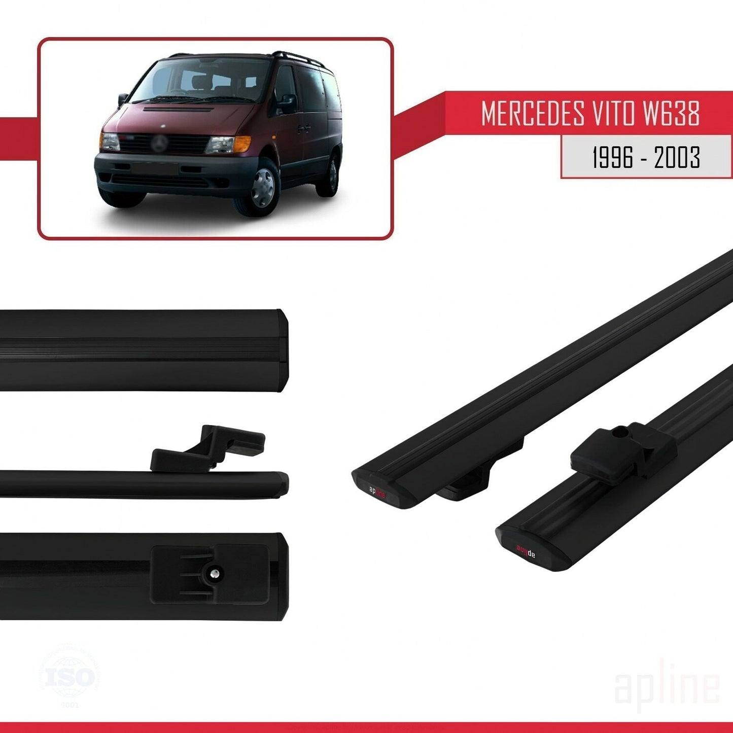 Compatible avec Mercedes Vito (W638) 1996-2003 BASIC Model Barres de Toit Railing Porte-Bagages de Voiture Noir Aluminium 2 Barres
